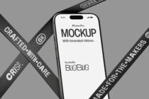 iPhone Pro mockup with diagonal black ribbons displaying branded messaging