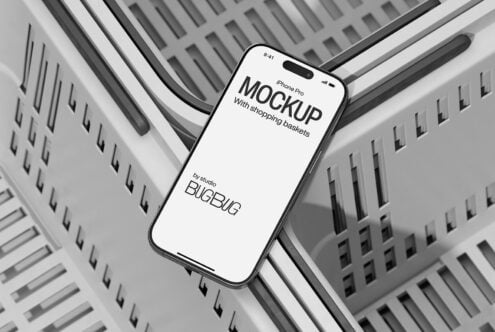 iPhone Pro mockup on light gray geometric background with dark shopping baskets