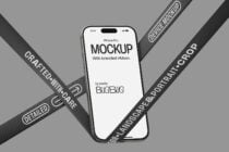 iPhone Pro mockup with branded ribbon overlay on gray background