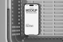 iPhone Pro mockup on brick wall background showing shopping basket text