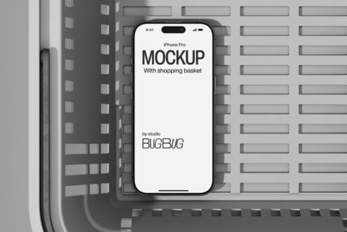 iPhone Pro mockup on brick wall background showing shopping basket text