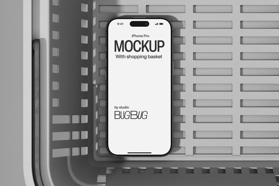 iPhone Pro mockup on brick wall background showing shopping basket text