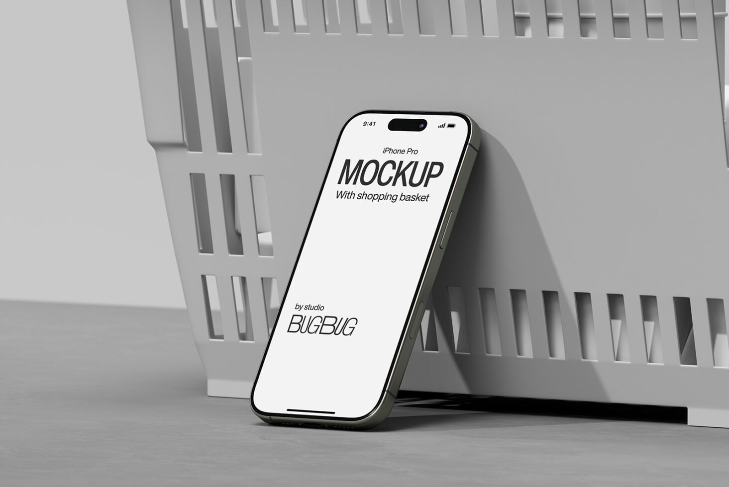 iPhone Pro mockup on gray background with shopping basket pattern
