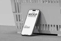 iPhone Pro mockup on gray background with shopping basket pattern
