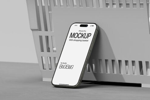 iPhone Pro mockup on gray background with shopping basket pattern