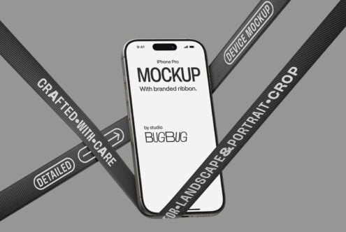 iPhone Pro mockup with branded ribbon overlay on gray background