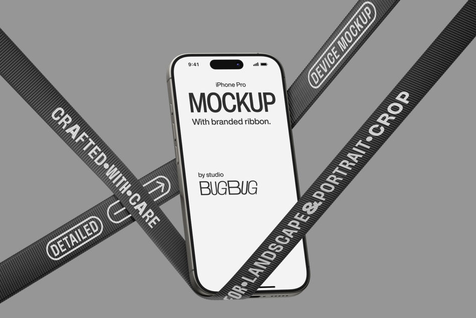 iPhone Pro mockup with branded ribbon overlay on gray background