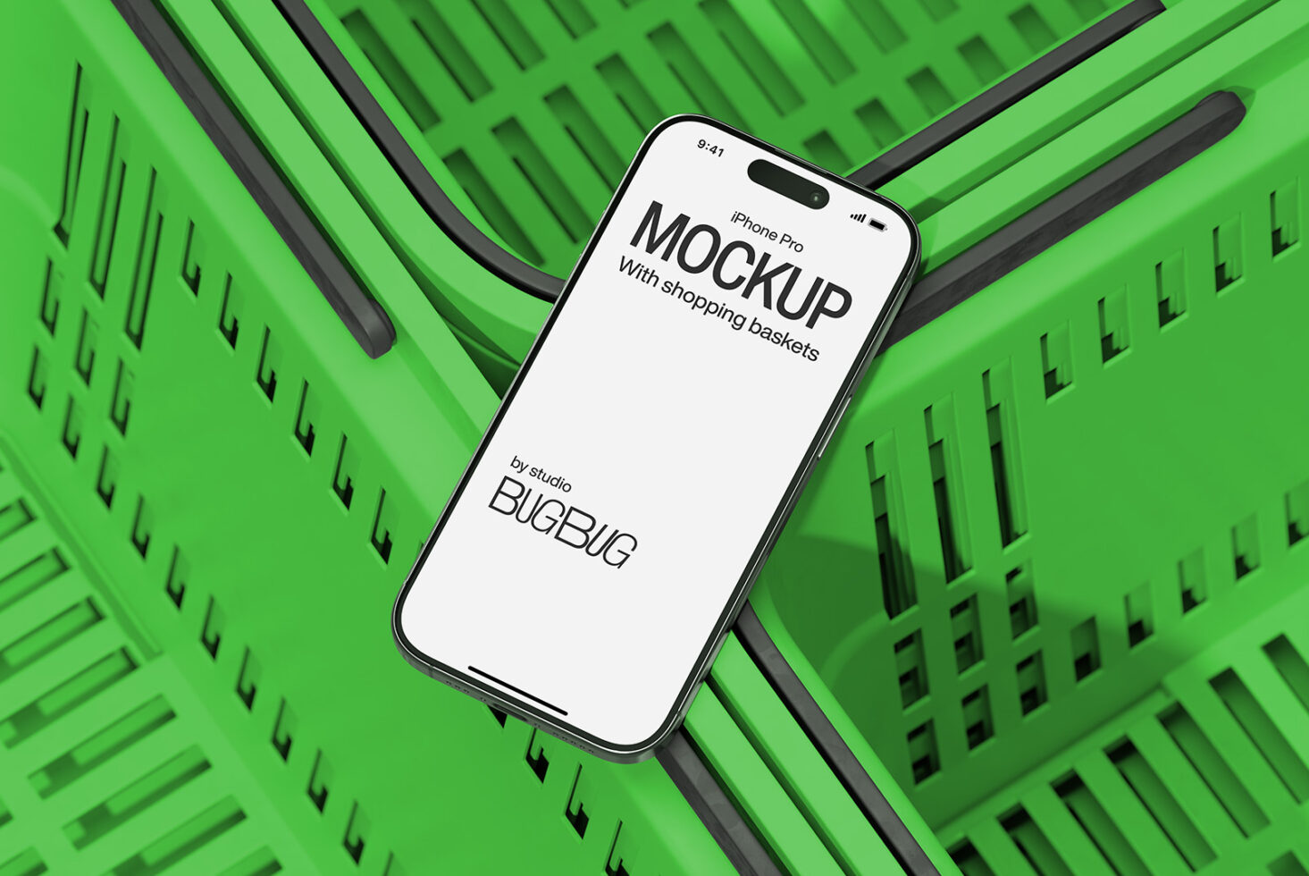 iPhone Pro mockup on bright green geometric background with dark shopping baskets