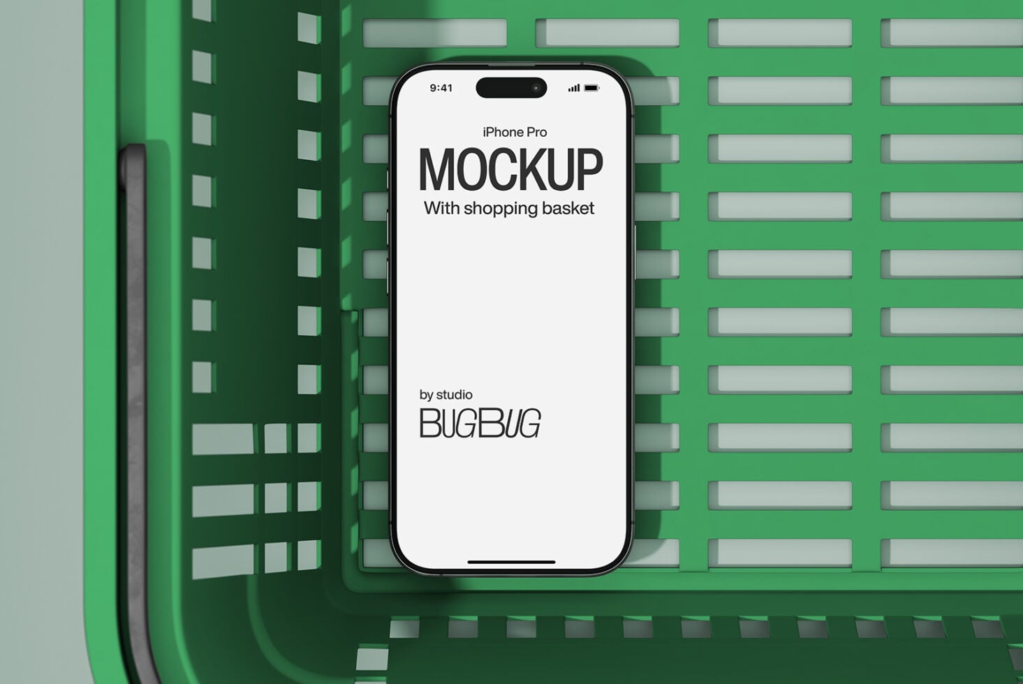iPhone Pro mockup in green shopping basket overhead layout