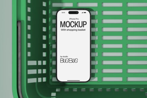 iPhone Pro mockup in green shopping basket overhead layout