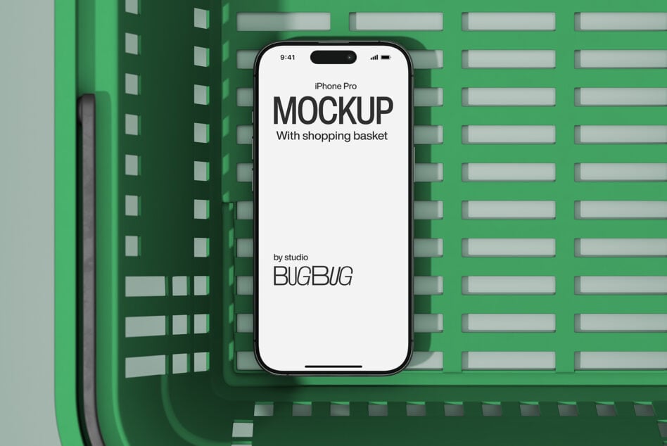 iPhone Pro mockup in green shopping basket overhead layout
