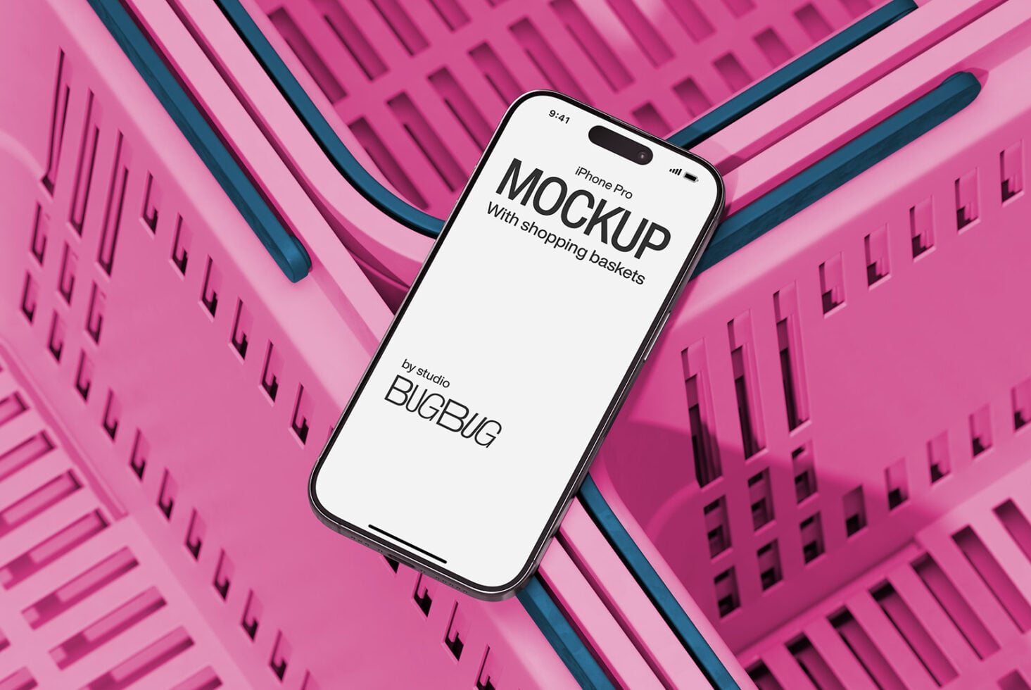 iPhone Pro mockup on hot pink geometric background with navy shopping baskets