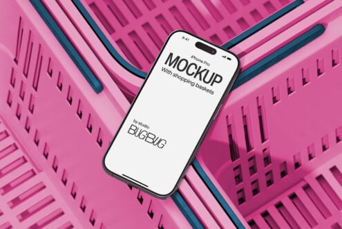 iPhone Pro mockup on hot pink geometric background with navy shopping baskets