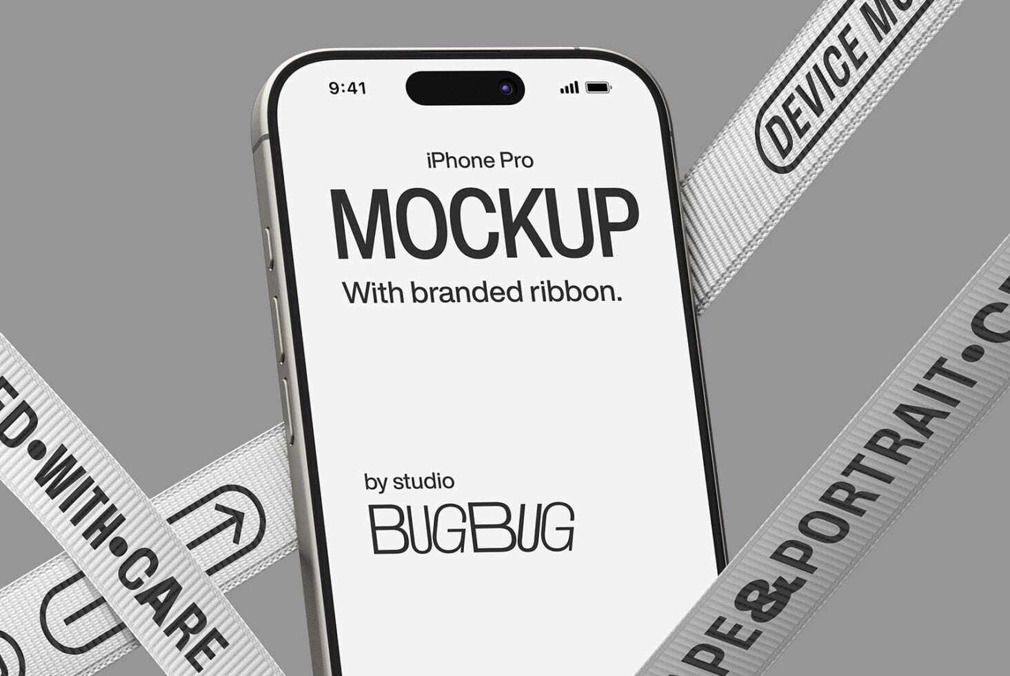 iPhone Pro mockup front view with branded ribbon overlay