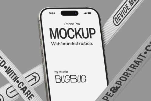 iPhone Pro mockup front view with branded ribbon overlay