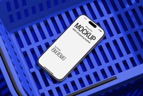 iPhone mockup on vibrant blue geometric grid pattern, modern product presentation