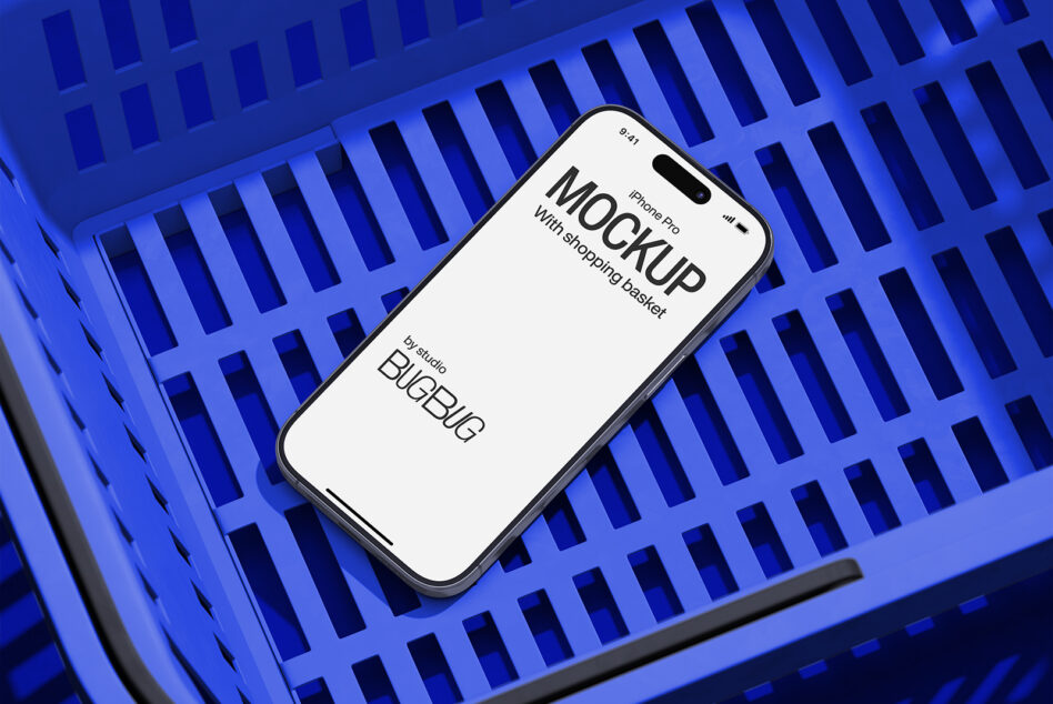 iPhone mockup on vibrant blue geometric grid pattern, modern product presentation