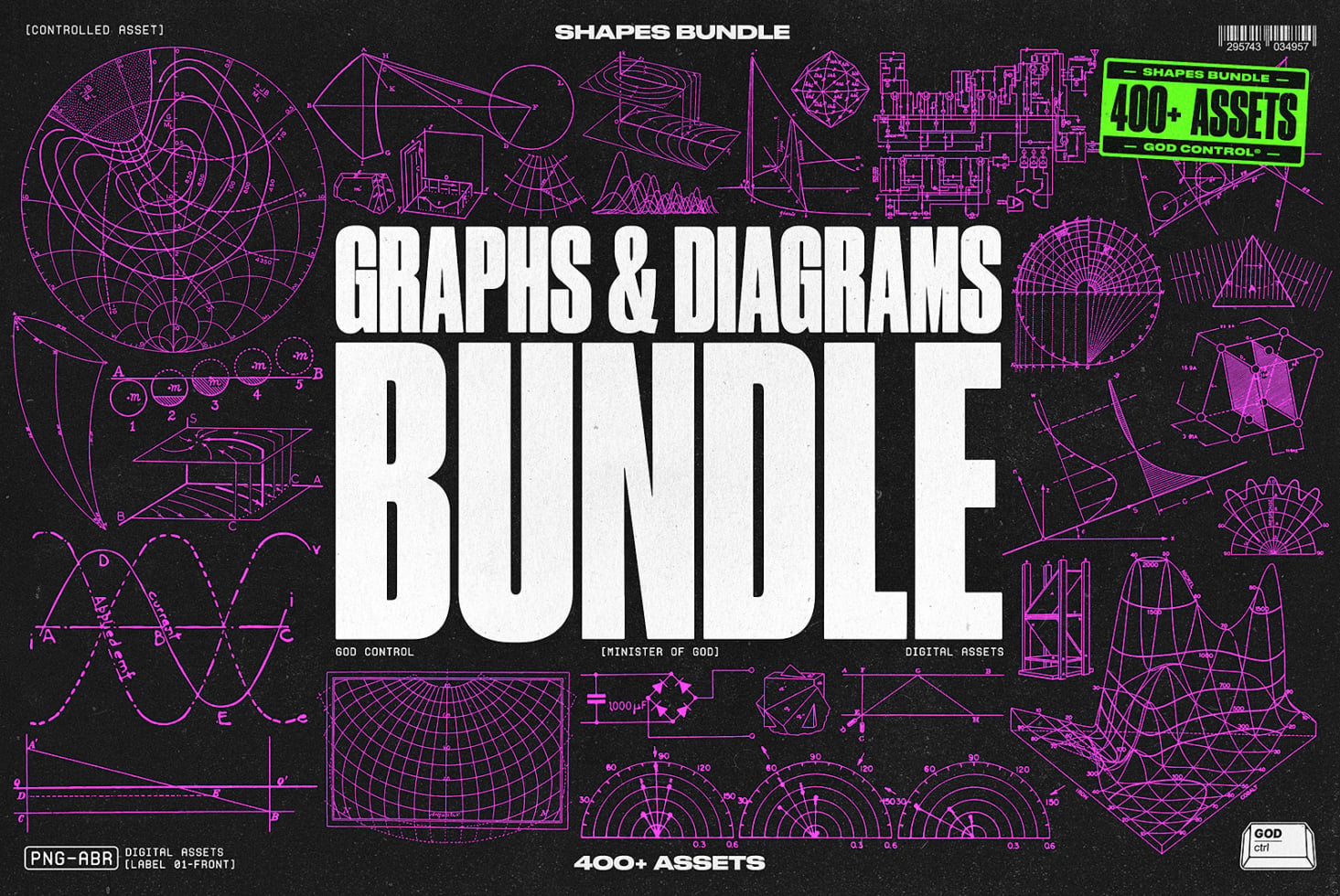 Graphs Diagrams Bundle with 400+ assets in magenta outline style on black