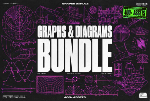 Graphs Diagrams Bundle with 400+ assets in magenta outline style on black