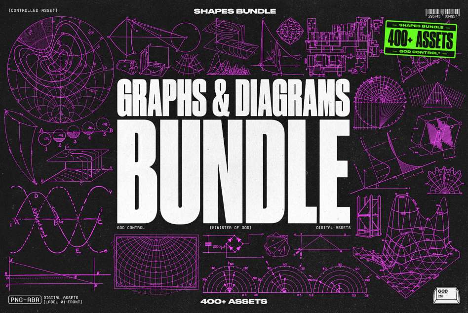 Graphs Diagrams Bundle with 400+ assets in magenta outline style on black