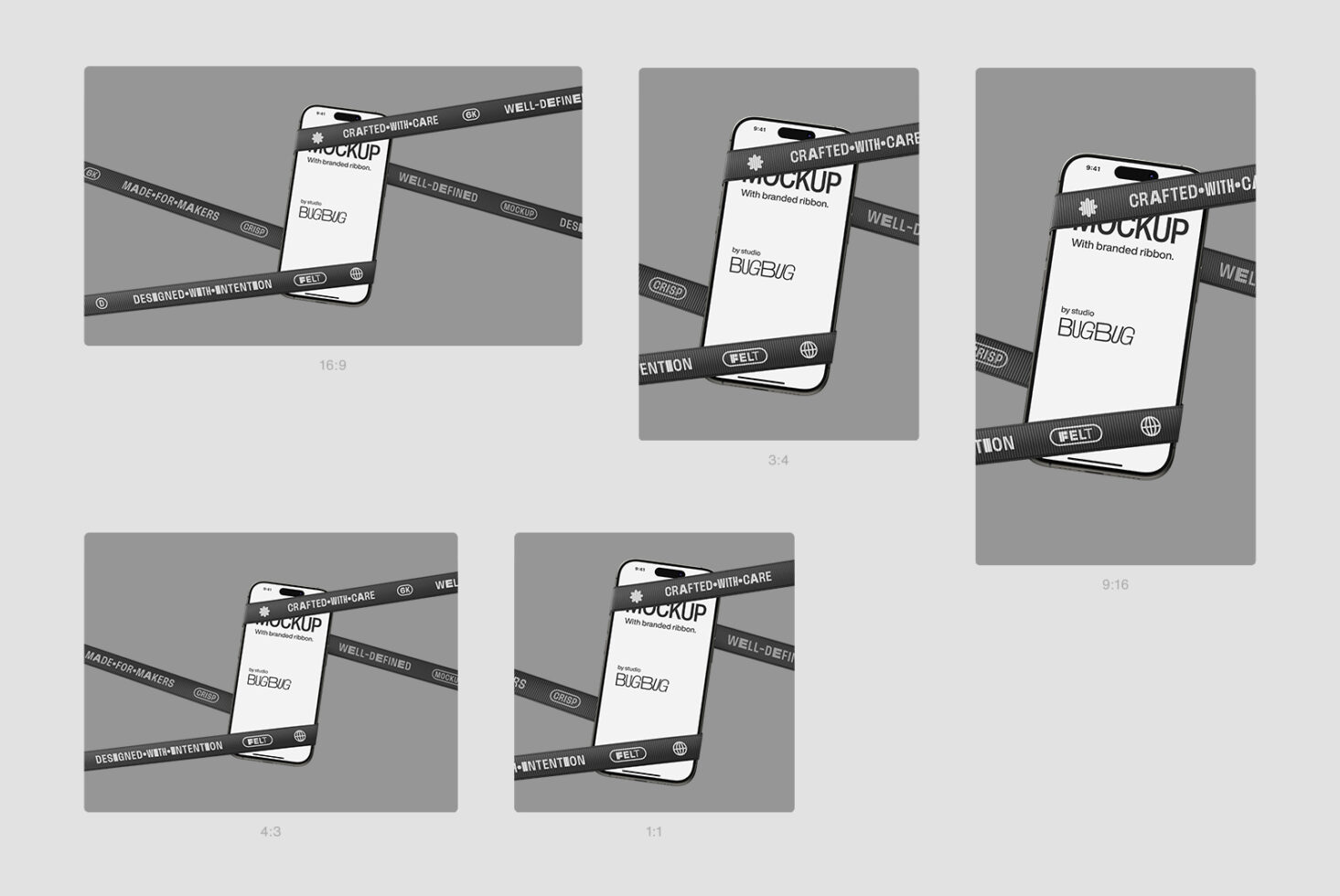 iPhone mockup with dark striped ribbons wrapping around it on gray background