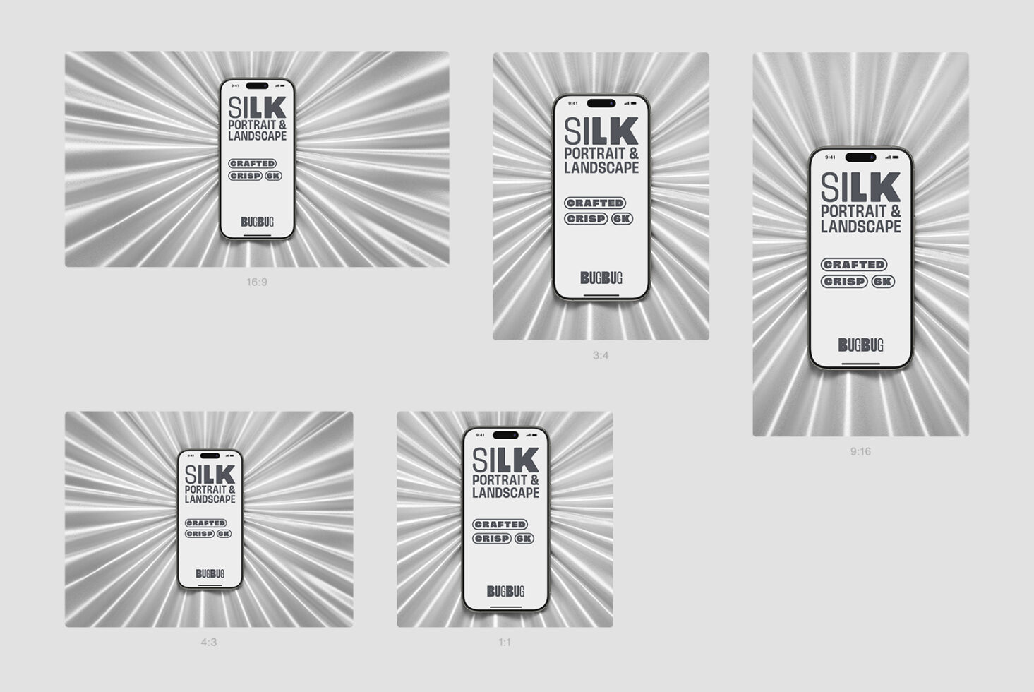 Phone mockups with radial burst background in multiple aspect ratios
