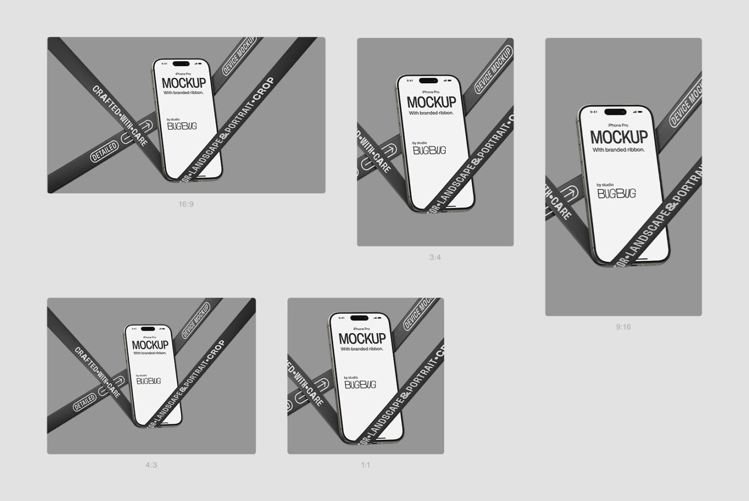 Five iPhone Pro mockups in different aspect ratios with branded ribbon