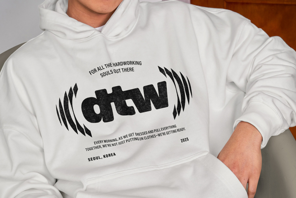 White hoodie with black text reading 'for all the hardworking souls out there' with graphic sound wave design