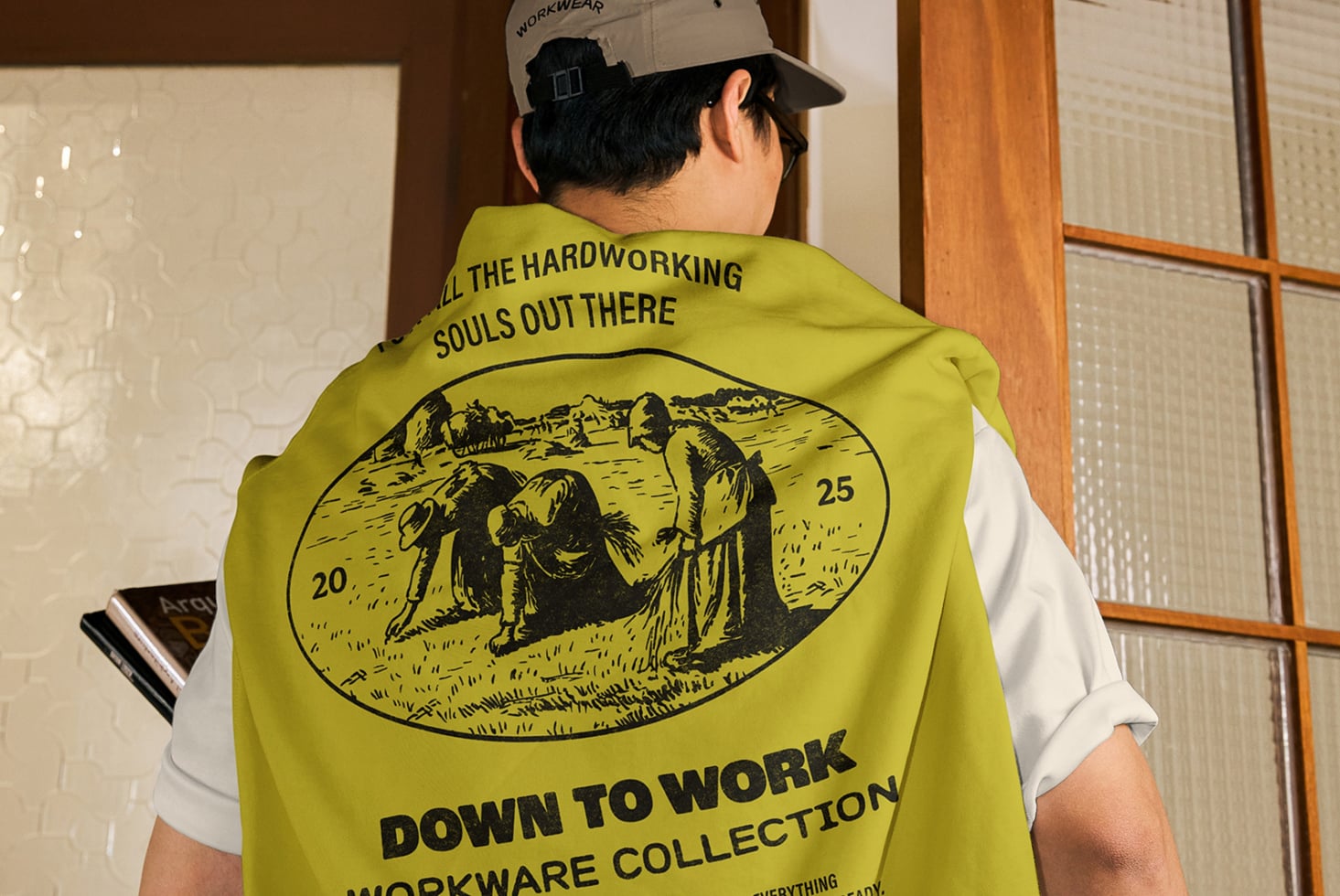 Lime green sleeveless vest worn with illustrated farmer scene
