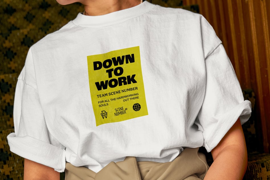 White sweatshirt back showing yellow graphic patch