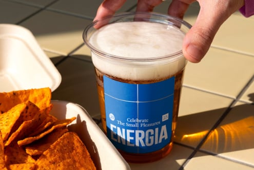 Cold drink with foamy head beside crispy snacks on white plate in sunlight