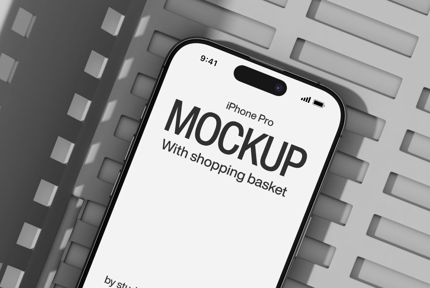 iPhone Pro mockup on woven basket texture overhead shot