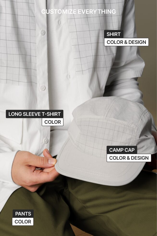 Shirt cap pants mockup showing customizable apparel setup labeled