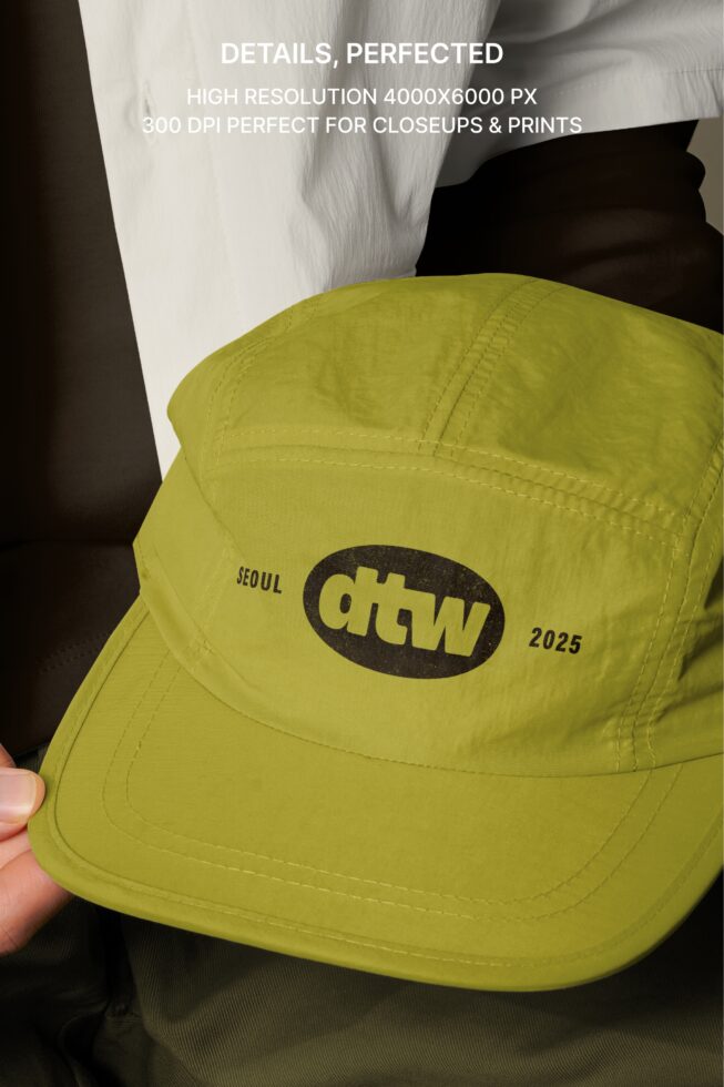 Lime camp cap with ohtwn logo high resolution mockup detail shot