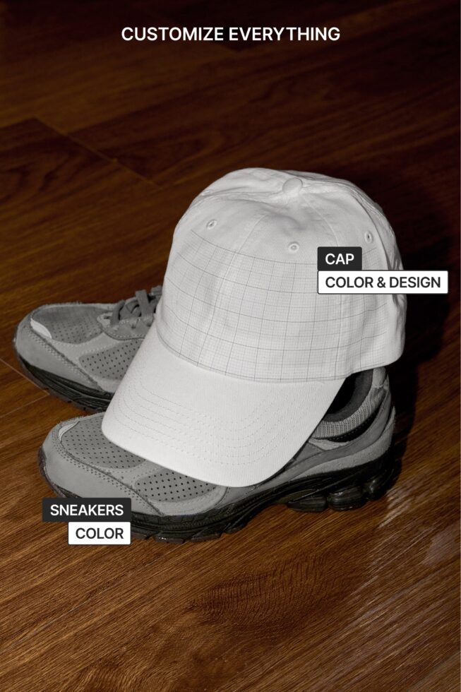 White cap mockup with sneaker showing editable color zones for cap design on wooden surface