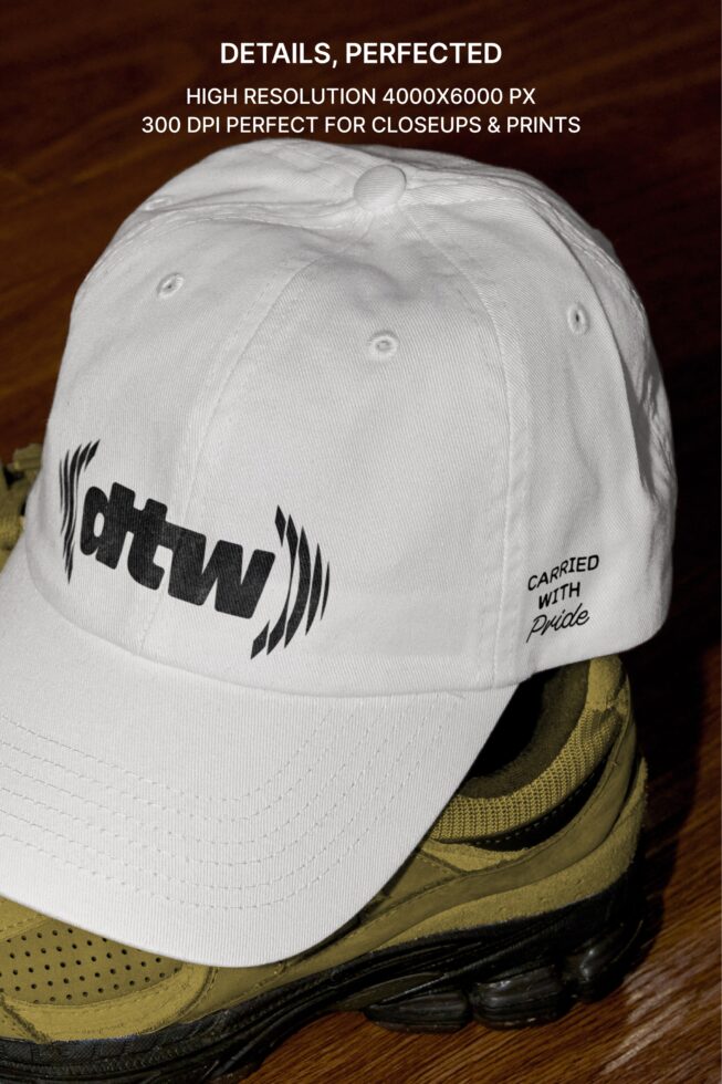Close-up of white cap showing atw logo with sound wave graphic side panel print detail