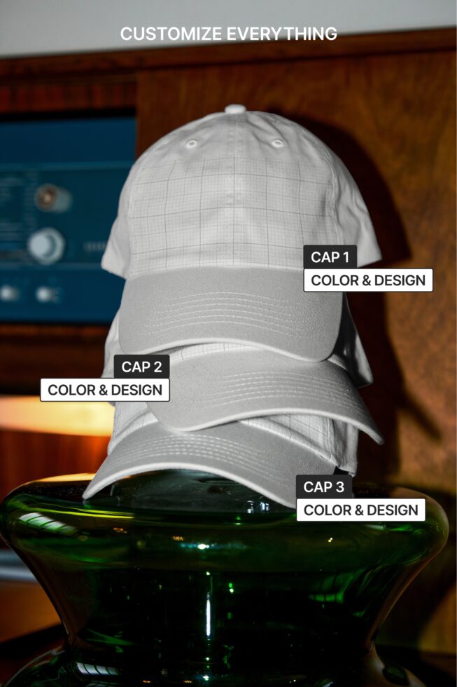 Three stacked white baseball caps showing customizable crown, visor, bill areas on green bottle