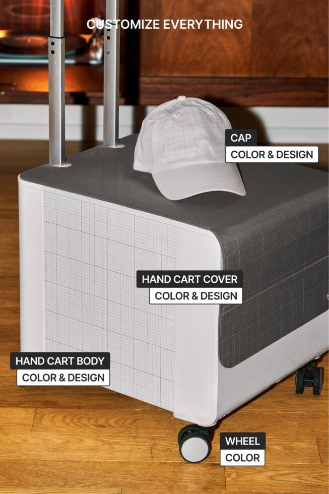 Hand cart mockup with cap, body, cover, wheel customization areas