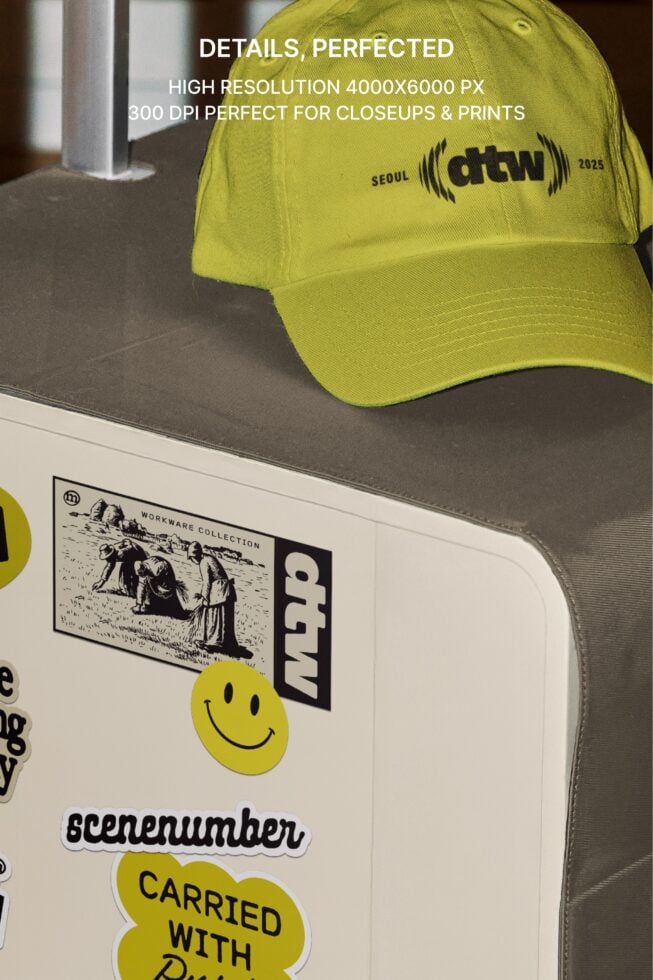 Lime cap with dtw logo next to sticker collection showing high resolution mockup