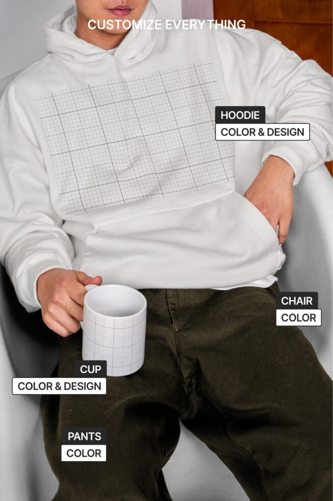 White hoodie, mug, pants mockup with editable grid design templates