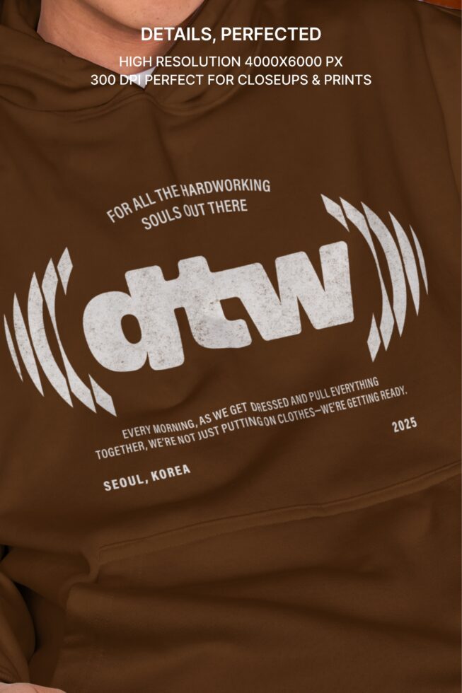 Brown hoodie back showing dtw graphic with wing details, Seoul Korea text