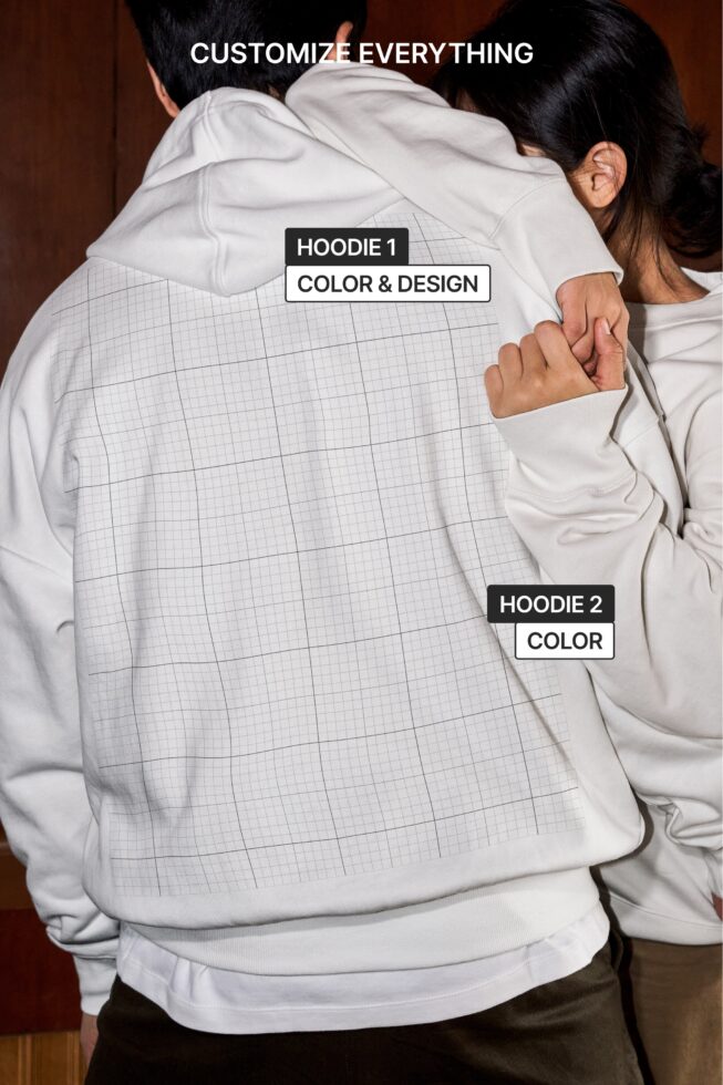 Two people wearing white hoodies back to back, customizable grid print on back