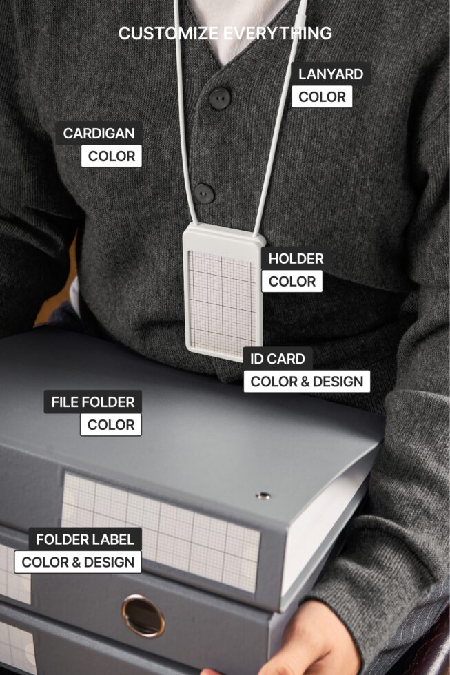 Office branding mockup showing cardigan, lanyard holder, ID card, folders with labels
