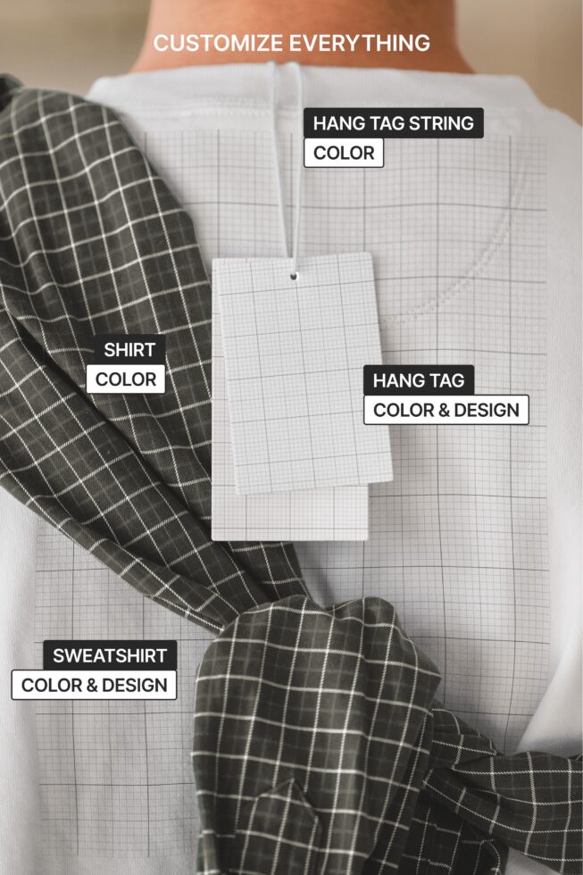 Clothing mockup showing customizable shirt, sweatshirt, hang tag with string