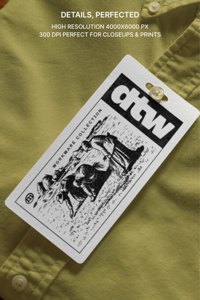Clothing hang tag mockup on lime fabric showing workwear collection branding