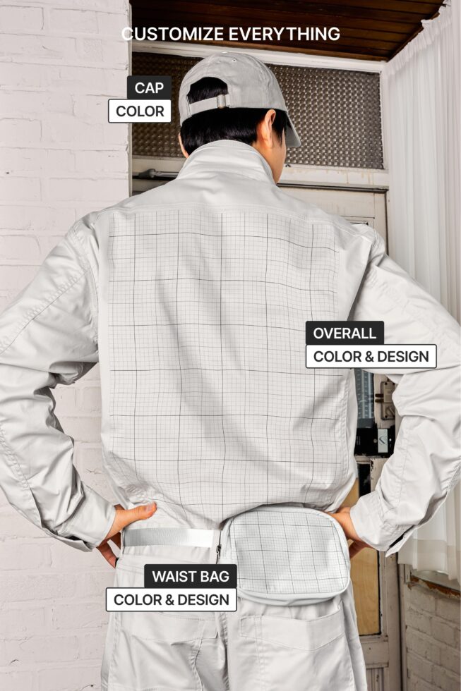 Back view of person wearing white overall jumpsuit with grid pattern over white cap, front label customization areas marked