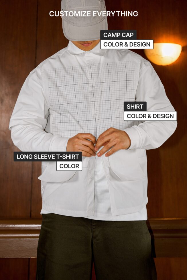 Labeled apparel mockup showing customizable camp cap, shirt, long sleeve tee