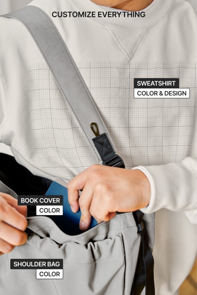White sweatshirt with gray shoulder bag mockup, customizable