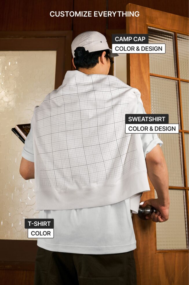 Person from behind wearing white cap white tee sweatshirt showing customizable mockup pieces