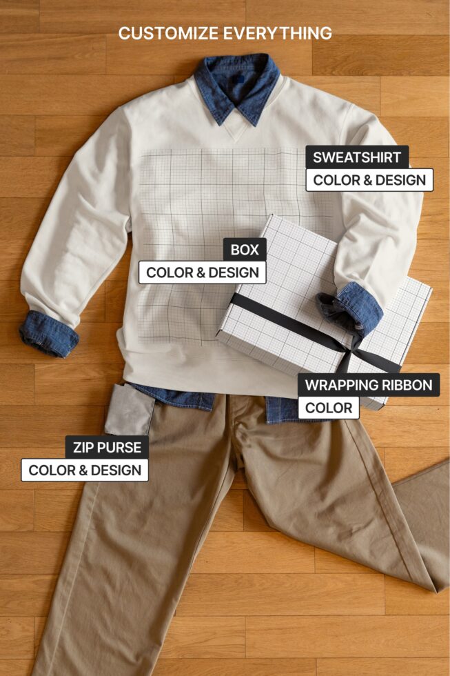 Cream sweatshirt with denim collar mockup displaying editable sweatshirt box wrapping ribbon zip purse